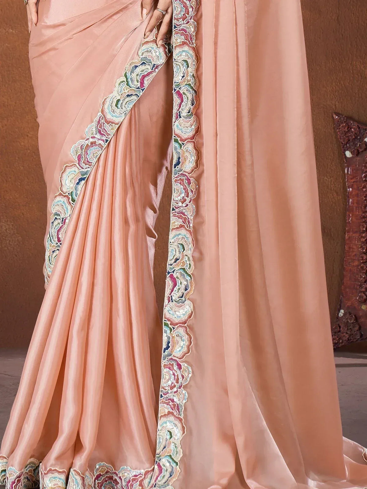Peach saree with colorful floral embroidery, elegant Indian ethnic wear for women