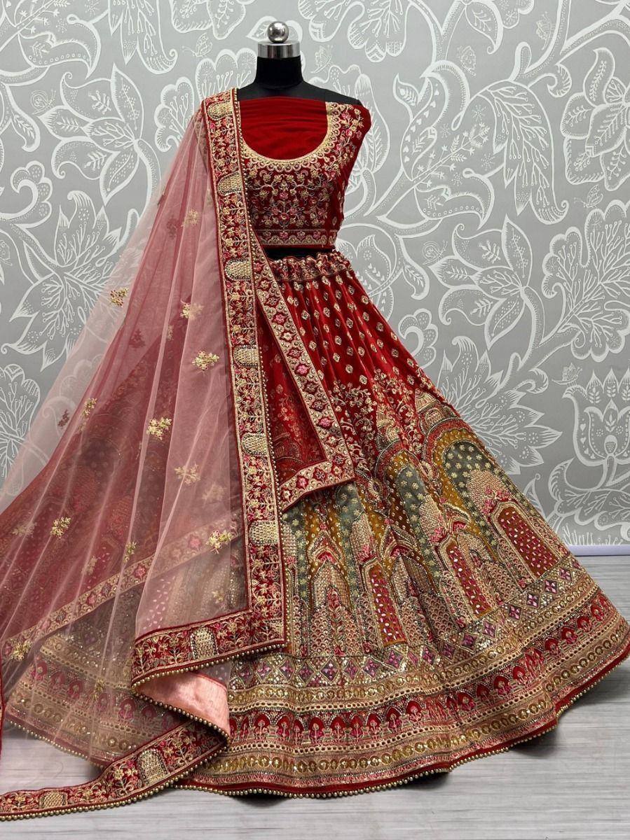 Red embroidered lehenga choli with dupatta, Indian ethnic wear for weddings and festivals