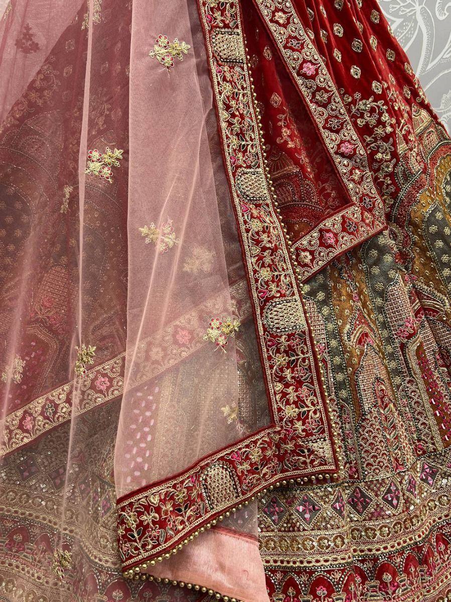 Red velvet lehenga choli with gold embroidery and sheer dupatta, Indian ethnic wear