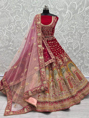 Deep Maroon Velvet Wedding Wear Embroidery Lehenga Choli