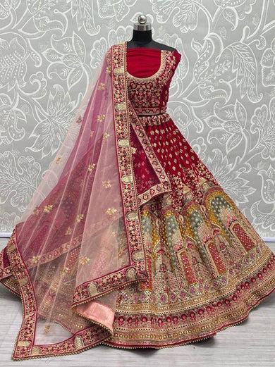 Deep Maroon Velvet Wedding Wear Embroidery Lehenga Choli