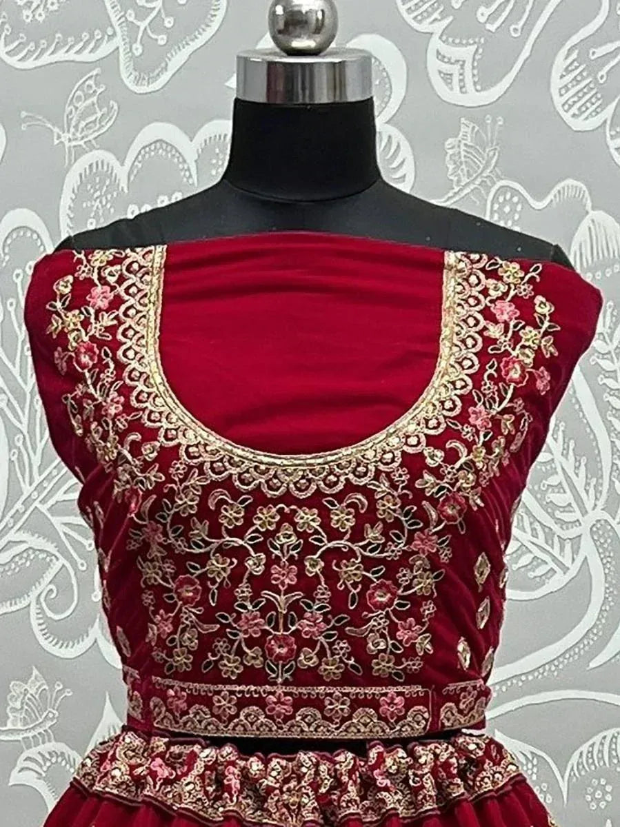 Red velvet lehenga choli with gold floral embroidery, ethnic Indian wear