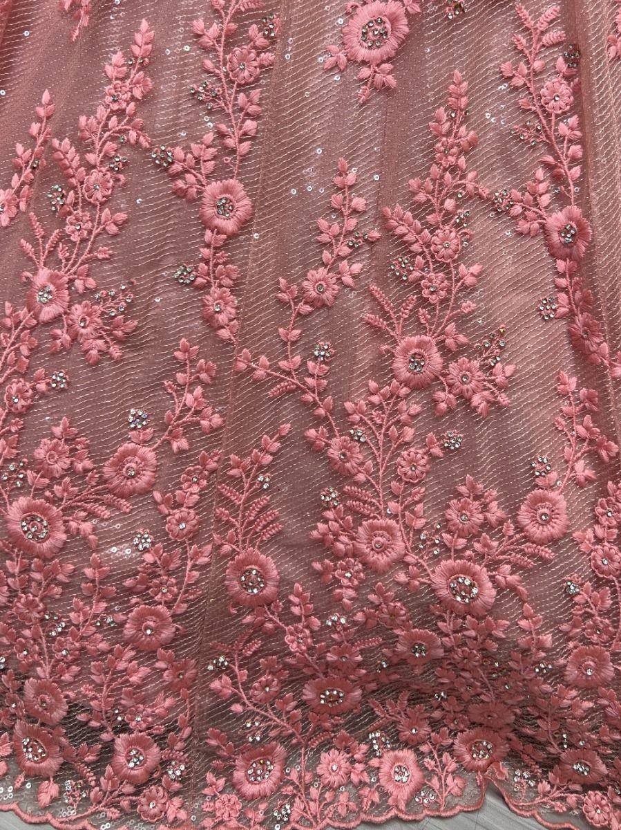 Pink floral embroidered lace fabric with sequins for ethnic wear