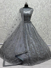 Outstanding Grey Zircon Diamond Work Net Lehenga Choli