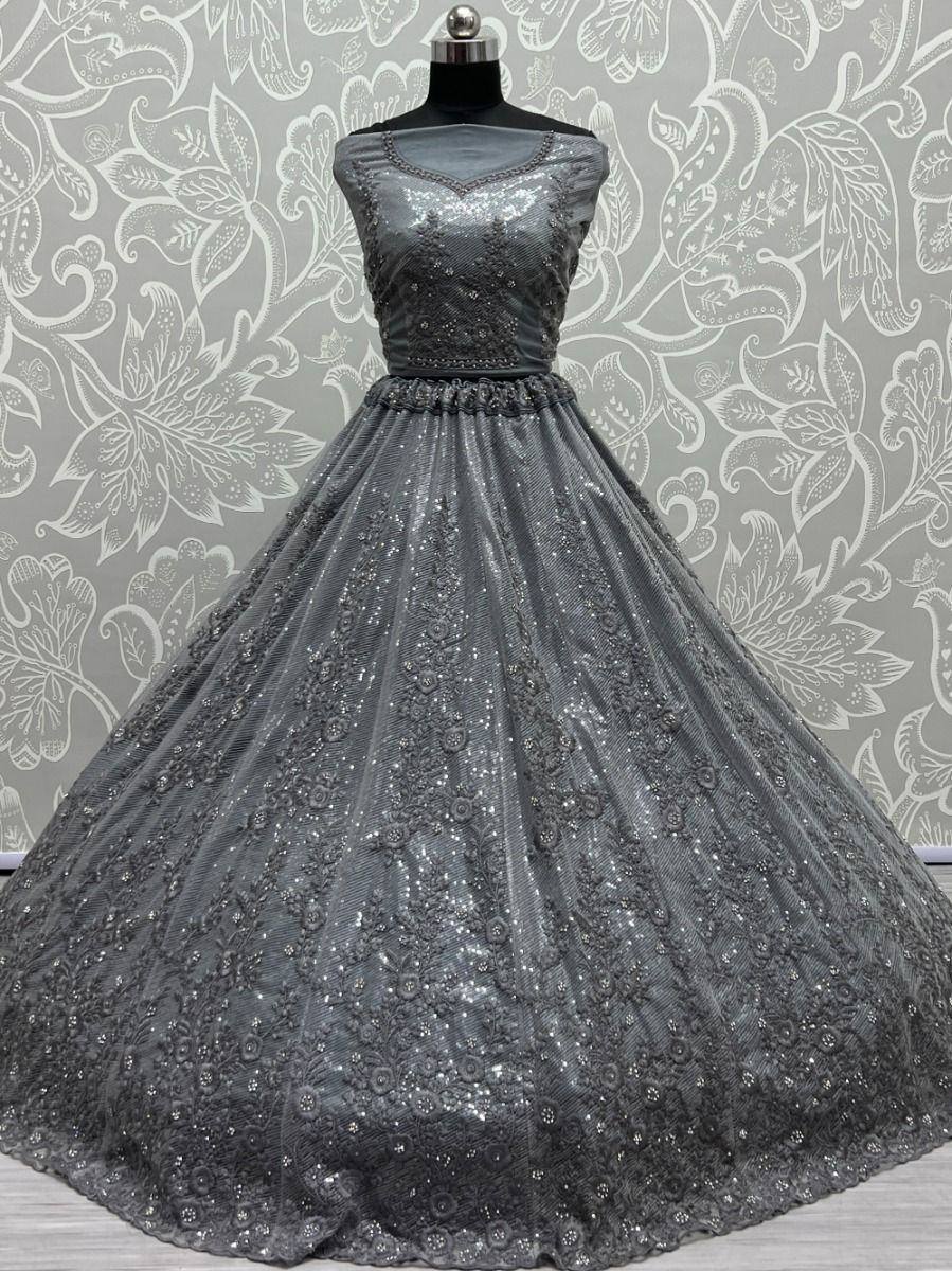 Grey designer ethnic gown with sequin embroidery, perfect for Indian weddings and parties