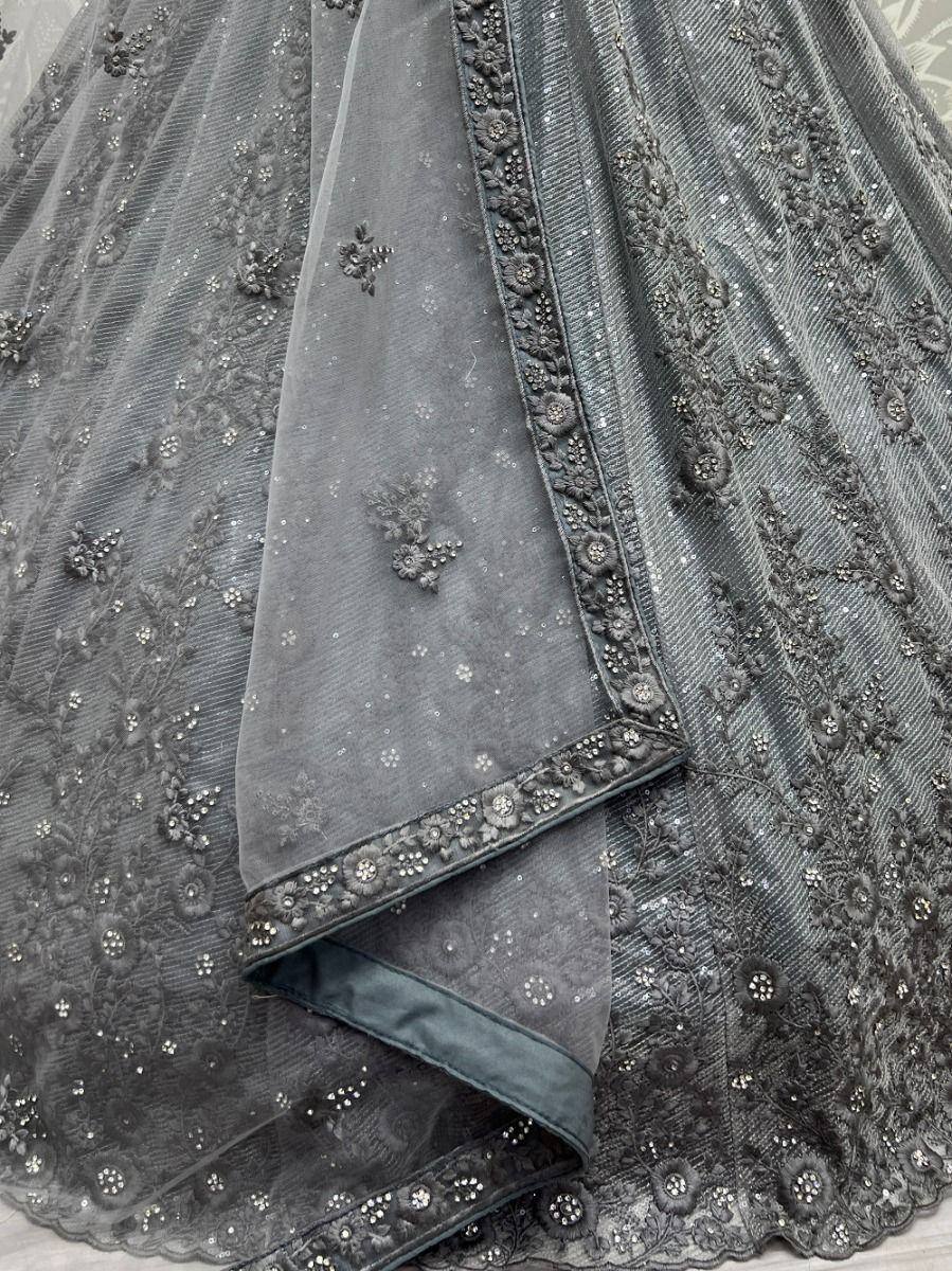 Grey embroidered lehenga choli with floral sequin work and sheer dupatta, ethnic Indian wear