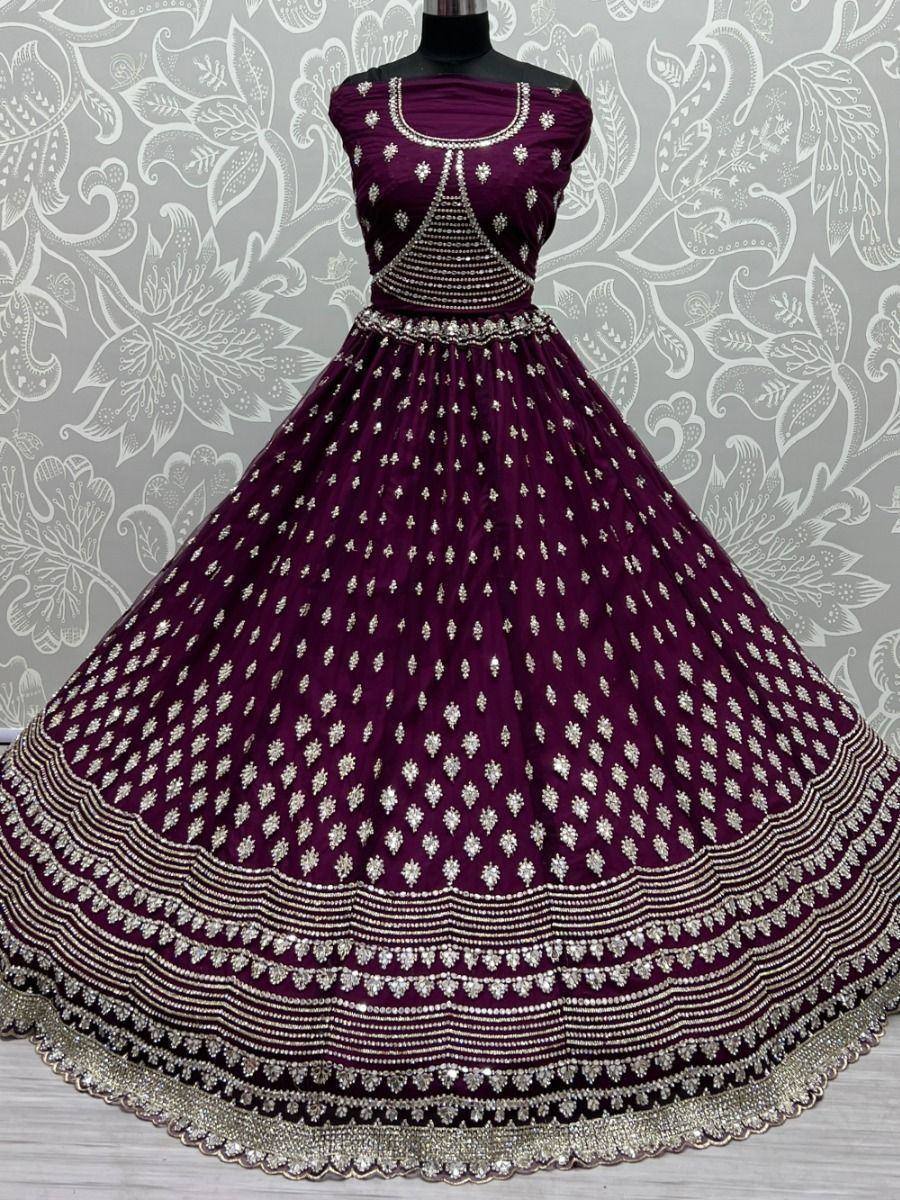 Purple designer lehenga choli with silver embroidery, perfect for Indian ethnic wear occasions