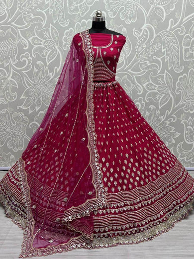Gorgeous Hot-Pink Zircon Heavy Embroidered Net Lehenga Choli