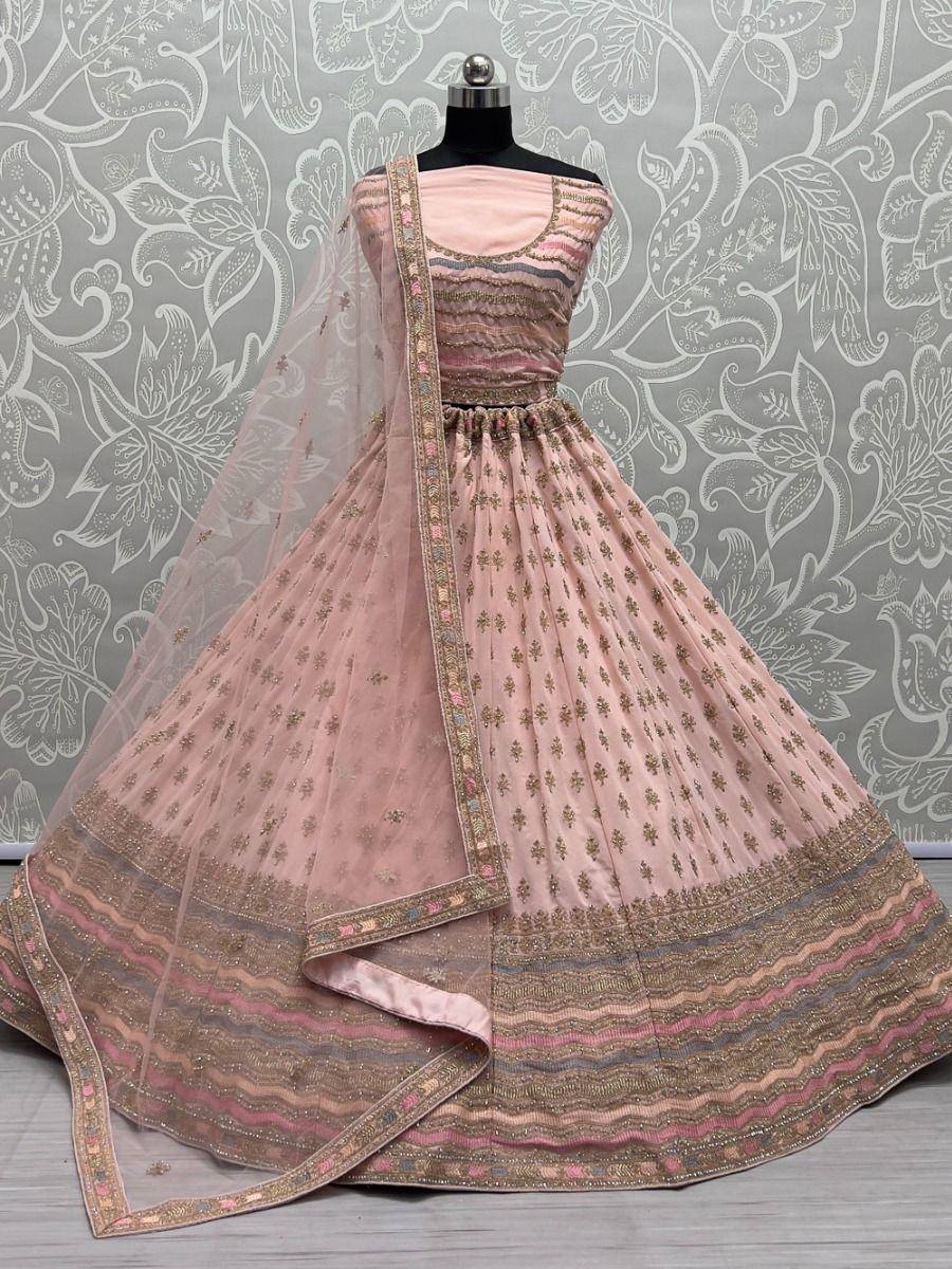 Pink embroidered lehenga choli with net dupatta, Indian ethnic wear for weddings and festivals