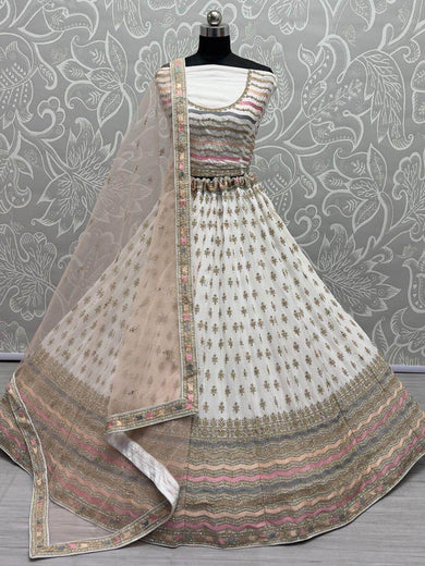 Ravishing White Zari Metallic Embroidered Georgette Lehenga Choli