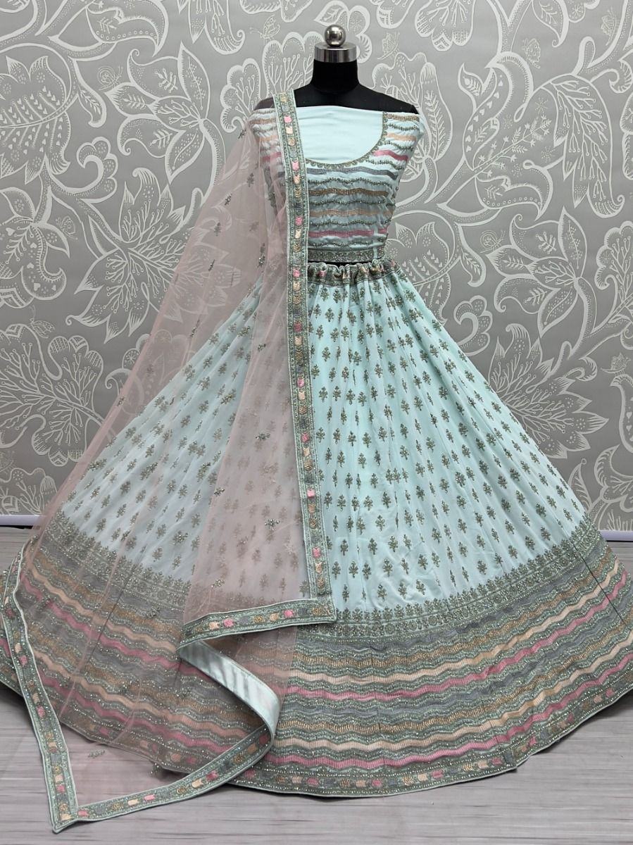Attractive Sea-Blue Zari Metallic Embroidered Georgette Lehenga Choli