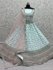 Attractive Sea-Blue Zari Metallic Embroidered Georgette Lehenga Choli