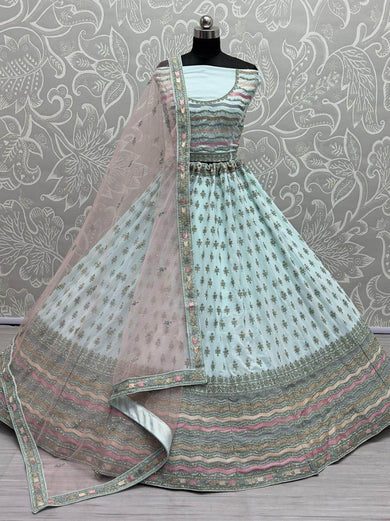 Attractive Sea-Blue Zari Metallic Embroidered Georgette Lehenga Choli