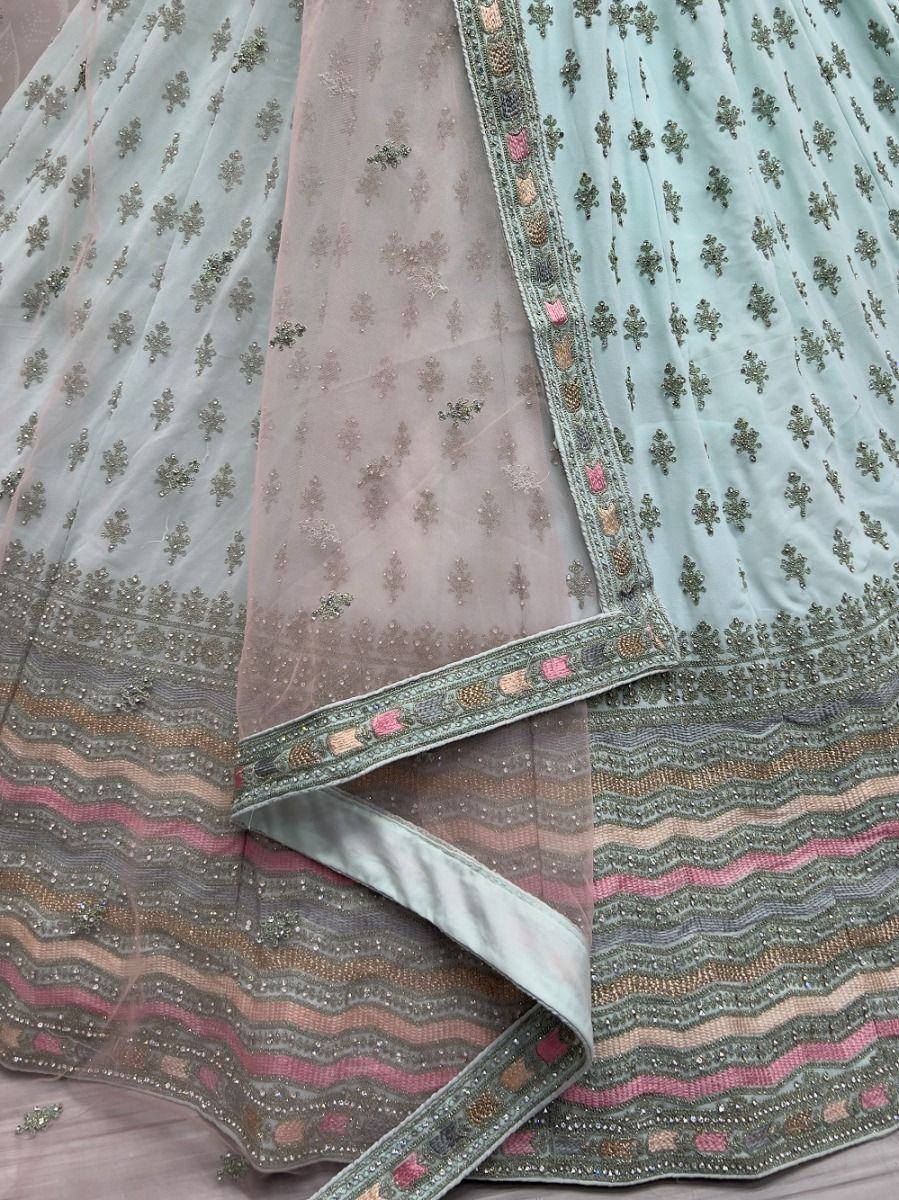 Attractive Sea-Blue Zari Metallic Embroidered Georgette Lehenga Choli