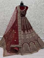 Enchanting Maroon Multi-Thread Embroidered Velvet Lehenga Choli