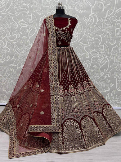 Enchanting Maroon Multi-Thread Embroidered Velvet Lehenga Choli