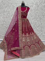 Alluring Pink Multi-Thread Embroidered Velvet Lehenga Choli