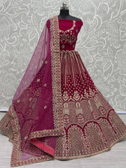 Alluring Pink Multi-Thread Embroidered Velvet Lehenga Choli