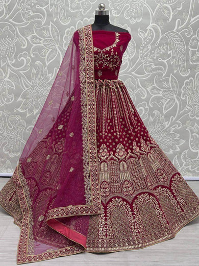 Alluring Pink Multi-Thread Embroidered Velvet Lehenga Choli
