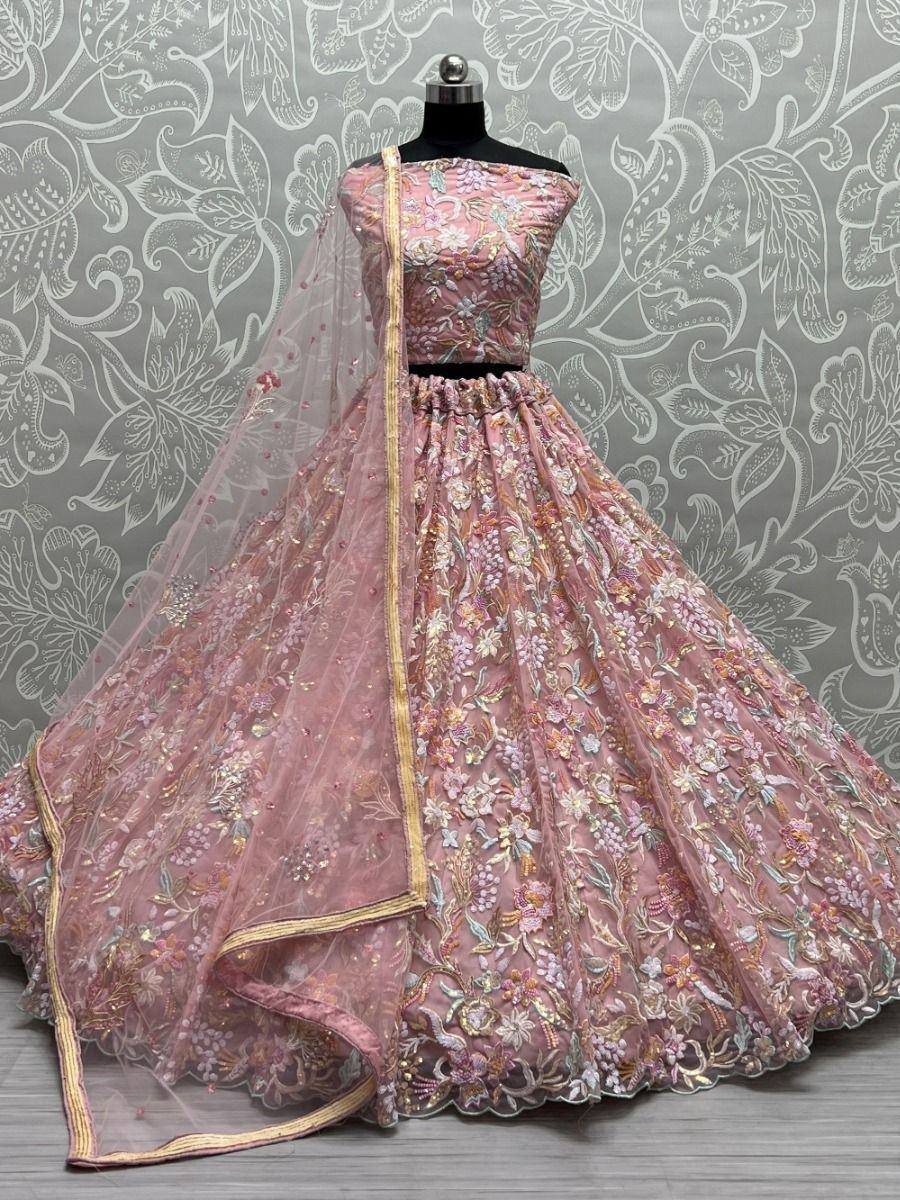Pink floral embroidered lehenga choli with sheer dupatta, Indian ethnic wear for weddings and festivals