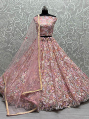 Majestic Peach Multi-Thread Embroidered Net Lehenga Choli