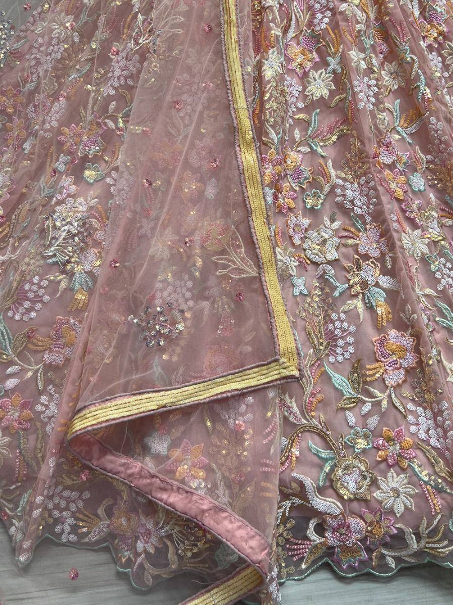 Pink embroidered lehenga with floral zari work and gold border, Indian ethnic wear