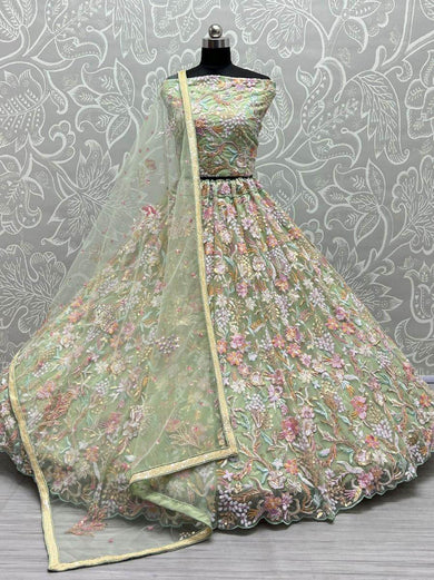 Magnific Light Green Multi-Thread Embroidered Net Lehenga Choli