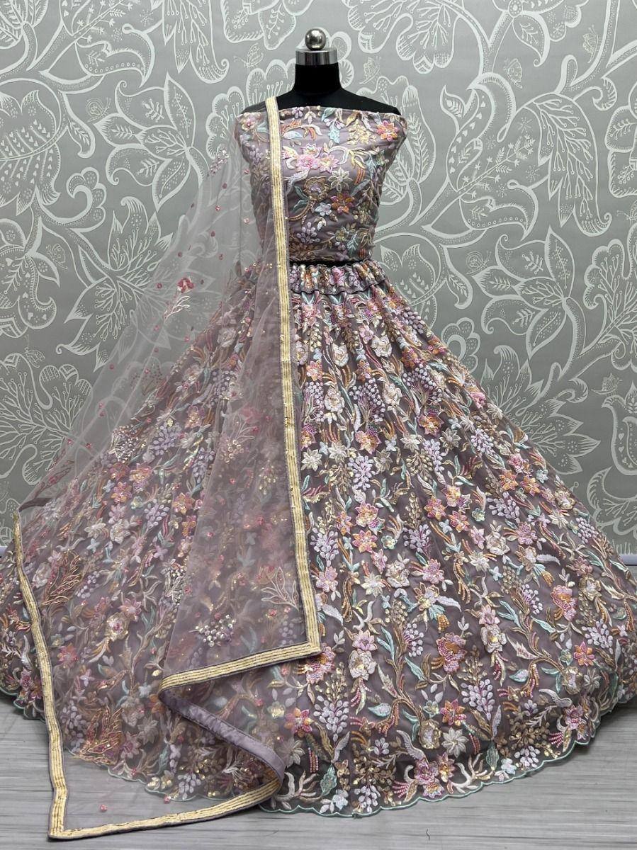 Elegant floral embroidered lehenga choli with sheer dupatta, perfect for Indian weddings and festive occasions