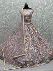 Stunning Beige Multi-Thread Embroidered Net Lehenga Choli