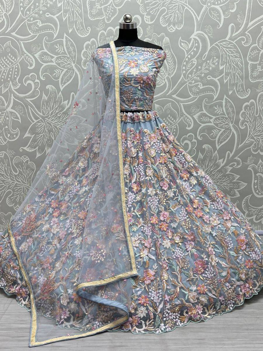 Blue floral embroidered lehenga choli with dupatta, Indian ethnic wear for weddings and parties