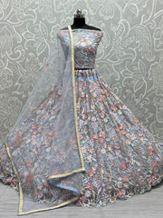 Lovely Sky-Blue Multi-Thread Embroidered Net Lehenga Choli