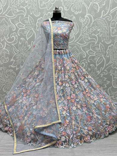 Lovely Sky-Blue Multi-Thread Embroidered Net Lehenga Choli