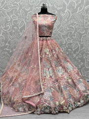 Unexpected Peach Multi-Thread Embroidered Net Lehenga Choli