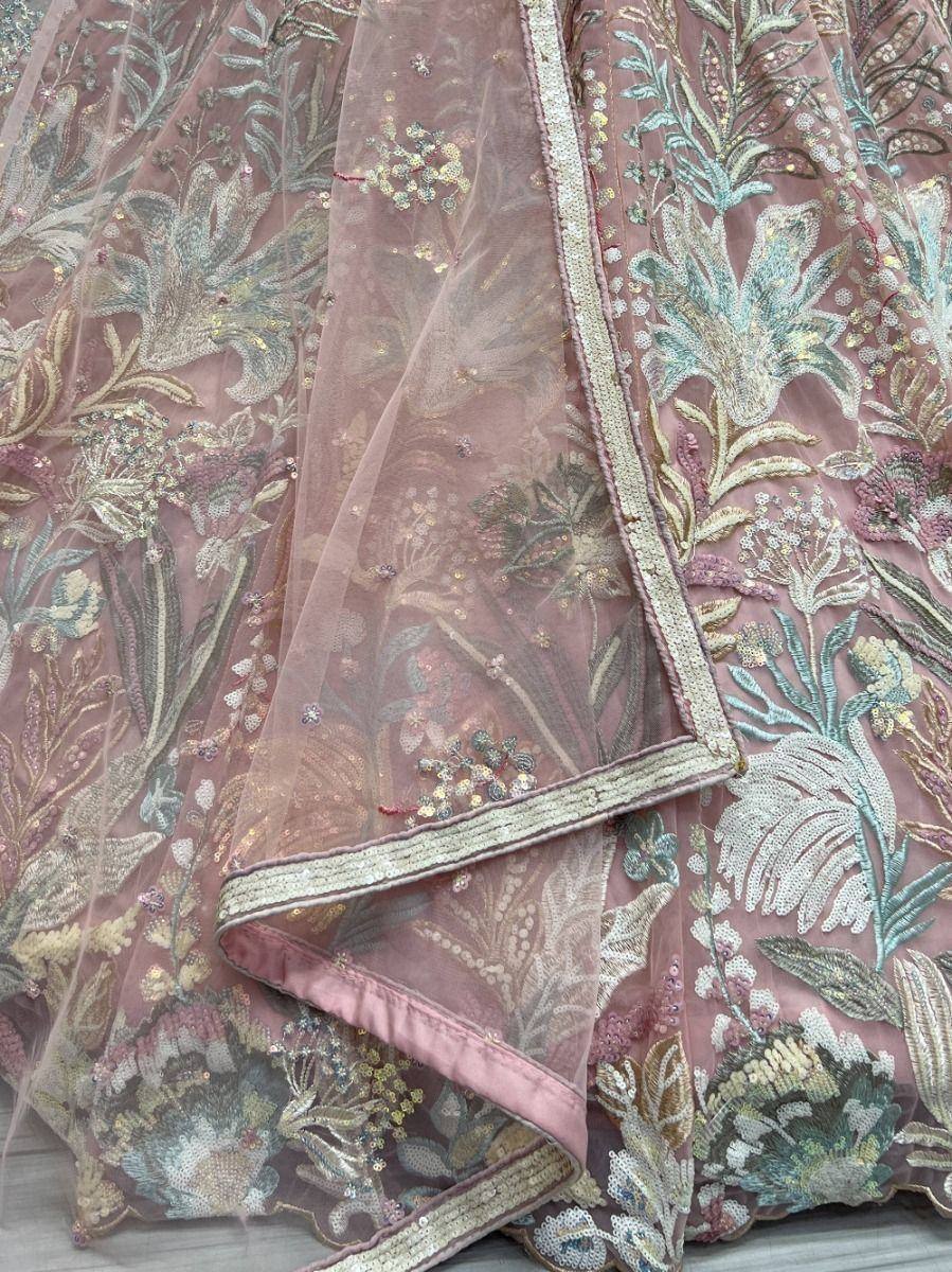 Pink embroidered lehenga with floral zari work and sheer dupatta, Indian ethnic wear