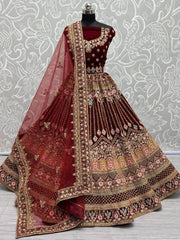 Attractive Maroon Embroidered Wedding Wear Velvet Lehenga Choli