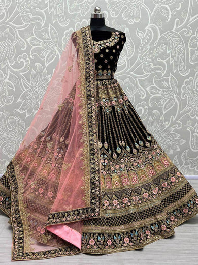 Gorgeous Purple Embroidered Reception Wear Velvet Lehenga Choli