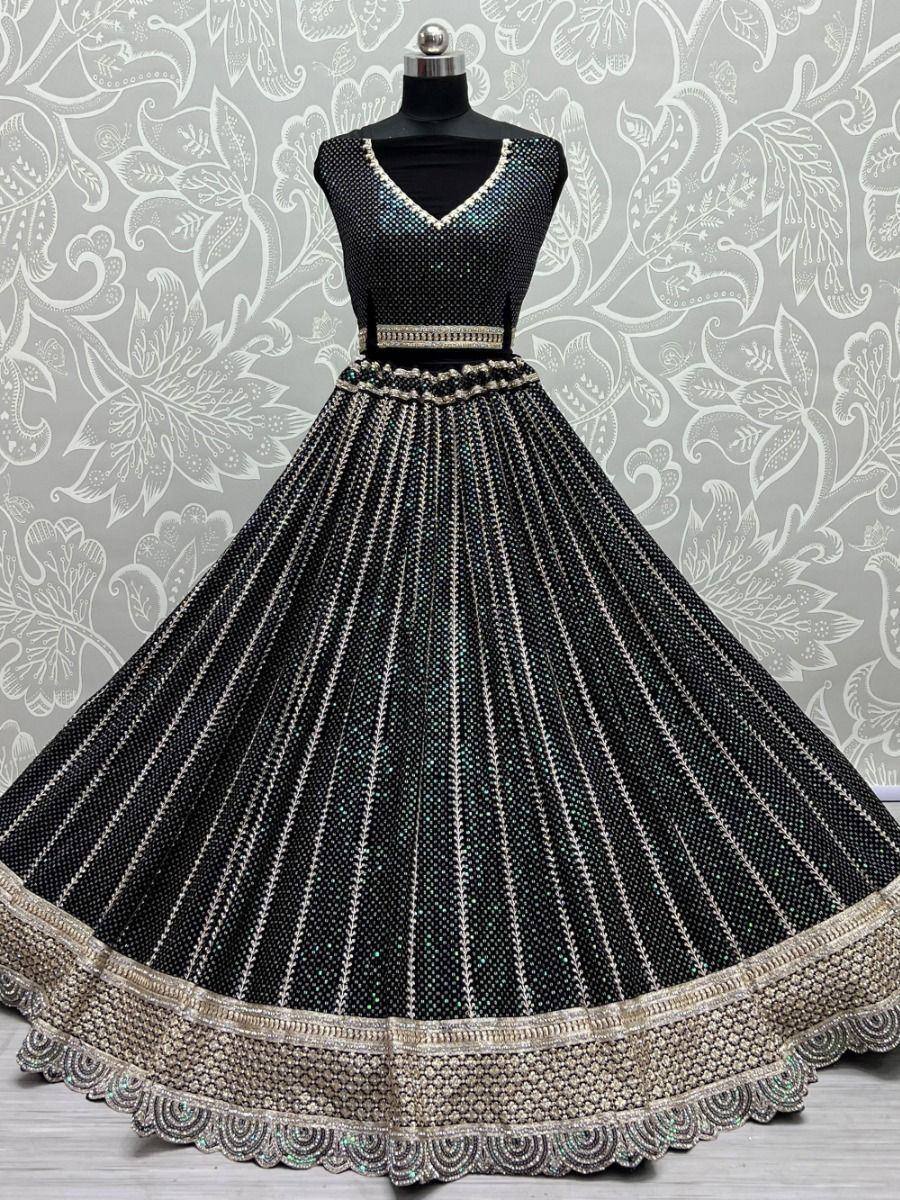 Black designer lehenga choli with gold embroidery and sequin work, perfect for weddings and parties