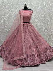 Mesmerizing Peach Sequins Embroidered Net Lehenga Choli