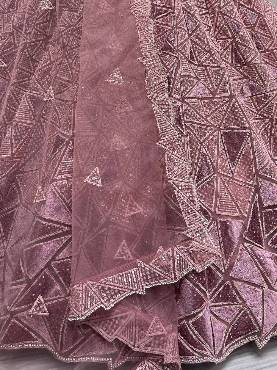 Dusty rose ethnic gown with geometric sequin embroidery and sheer overlay, perfect for Indian festive wear