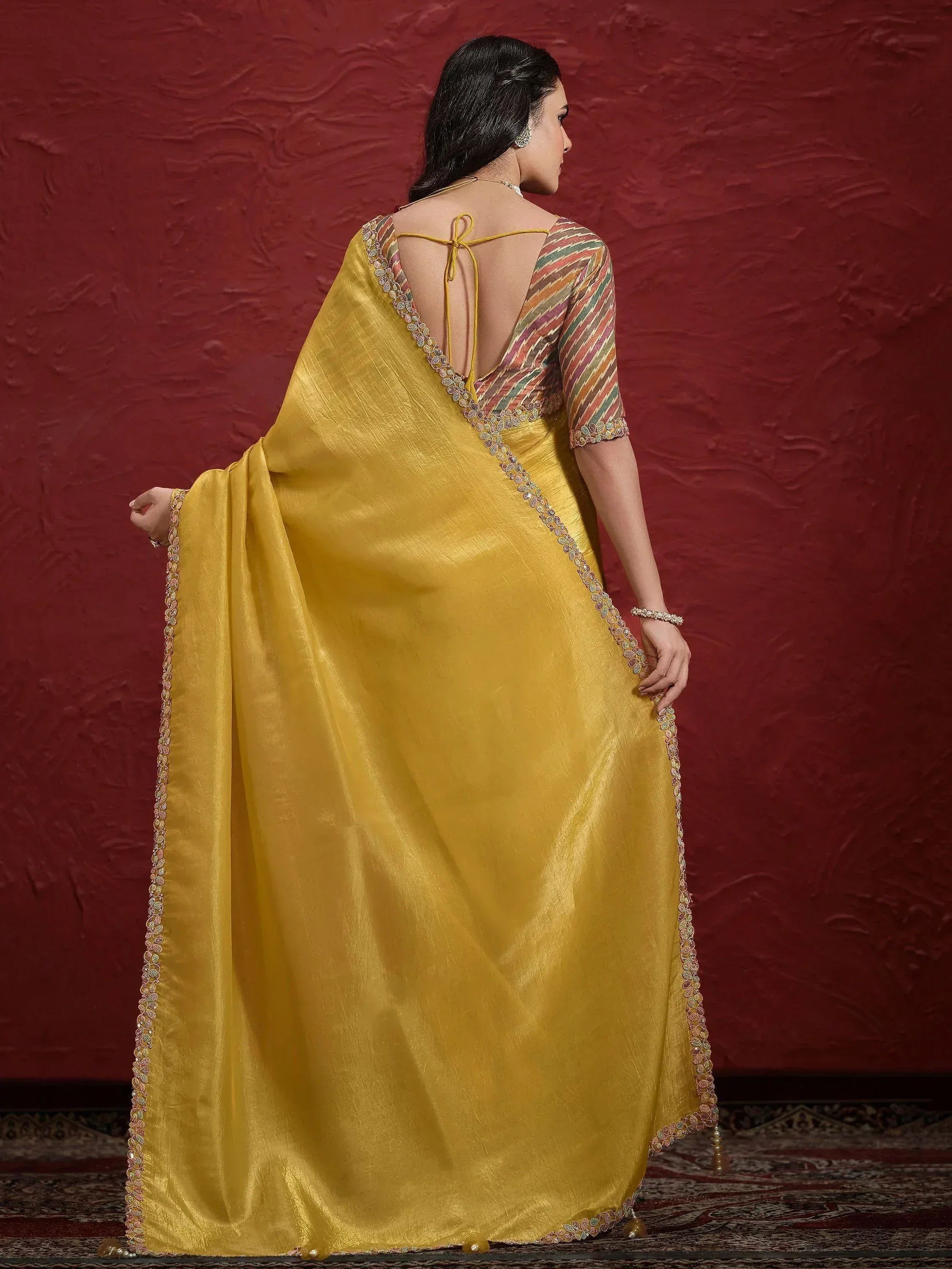 Yellow saree with embroidered border and back-tie blouse, Indian ethnic wear