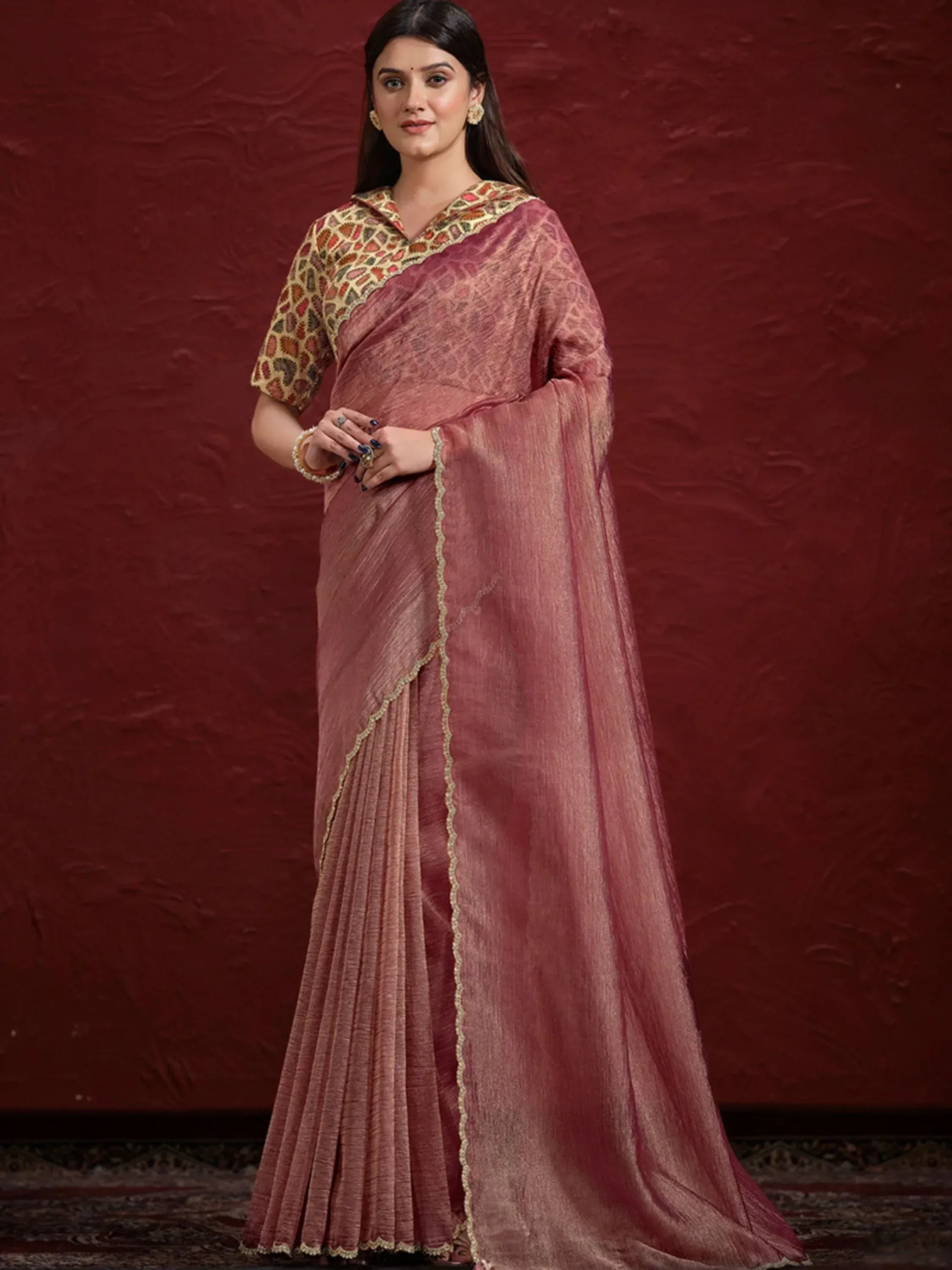 Elegant dusty rose saree with gold embroidered blouse, perfect for Indian ethnic occasions