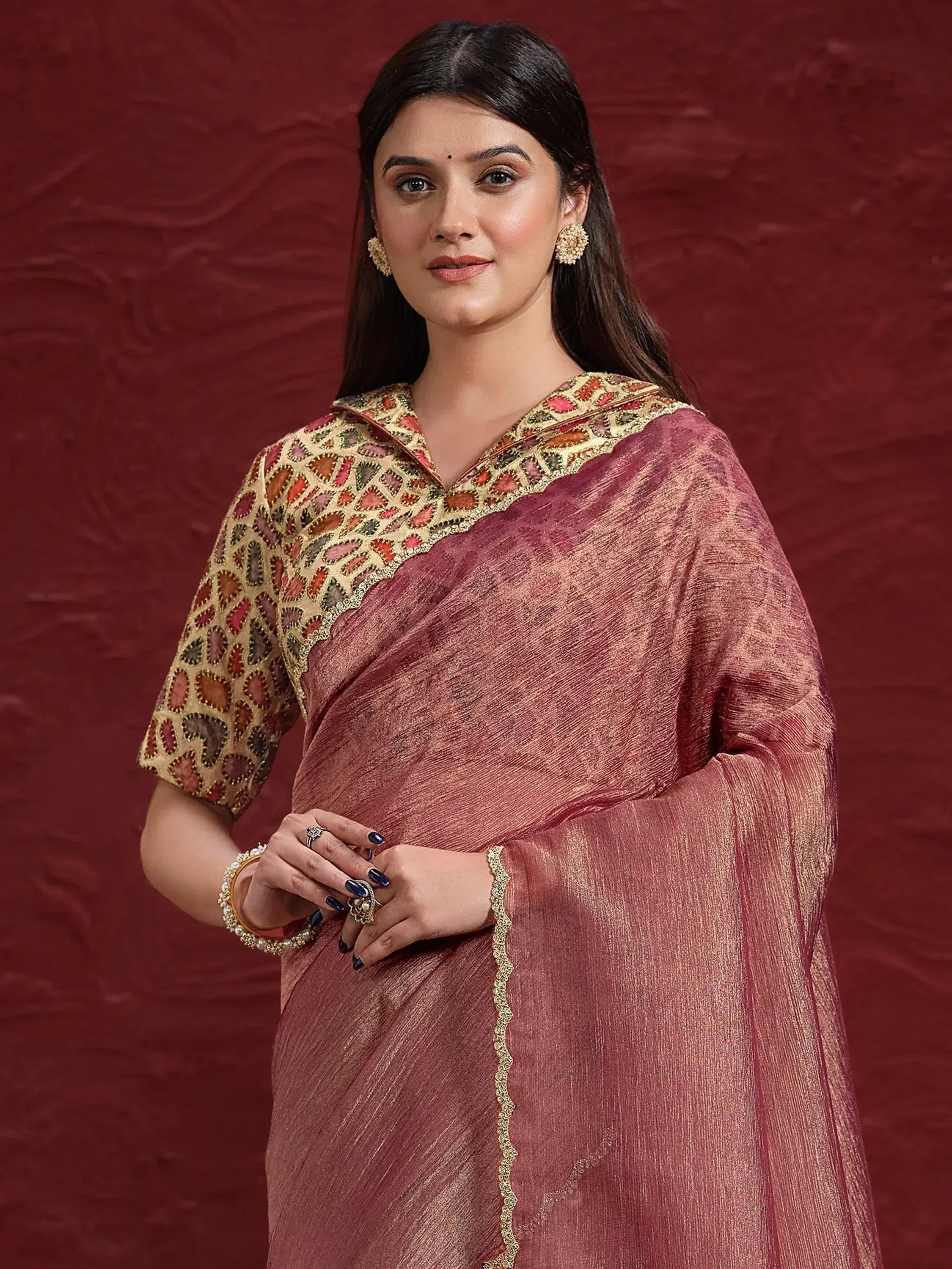 Elegant maroon saree with embroidered blouse, perfect for Indian ethnic wear occasions