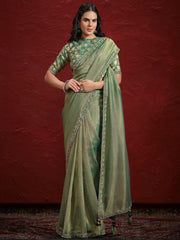 Adorable Green Sequence Silk Festival Wear Saree With Blouse