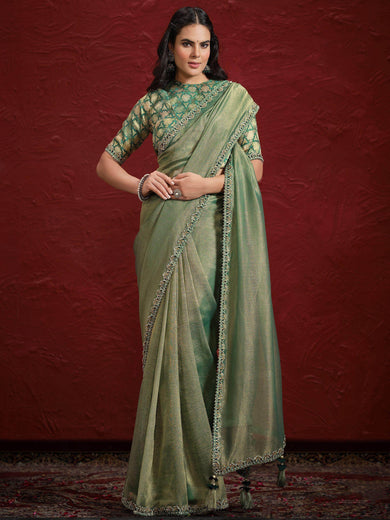 Adorable Green Sequence Silk Festival Wear Saree With Blouse