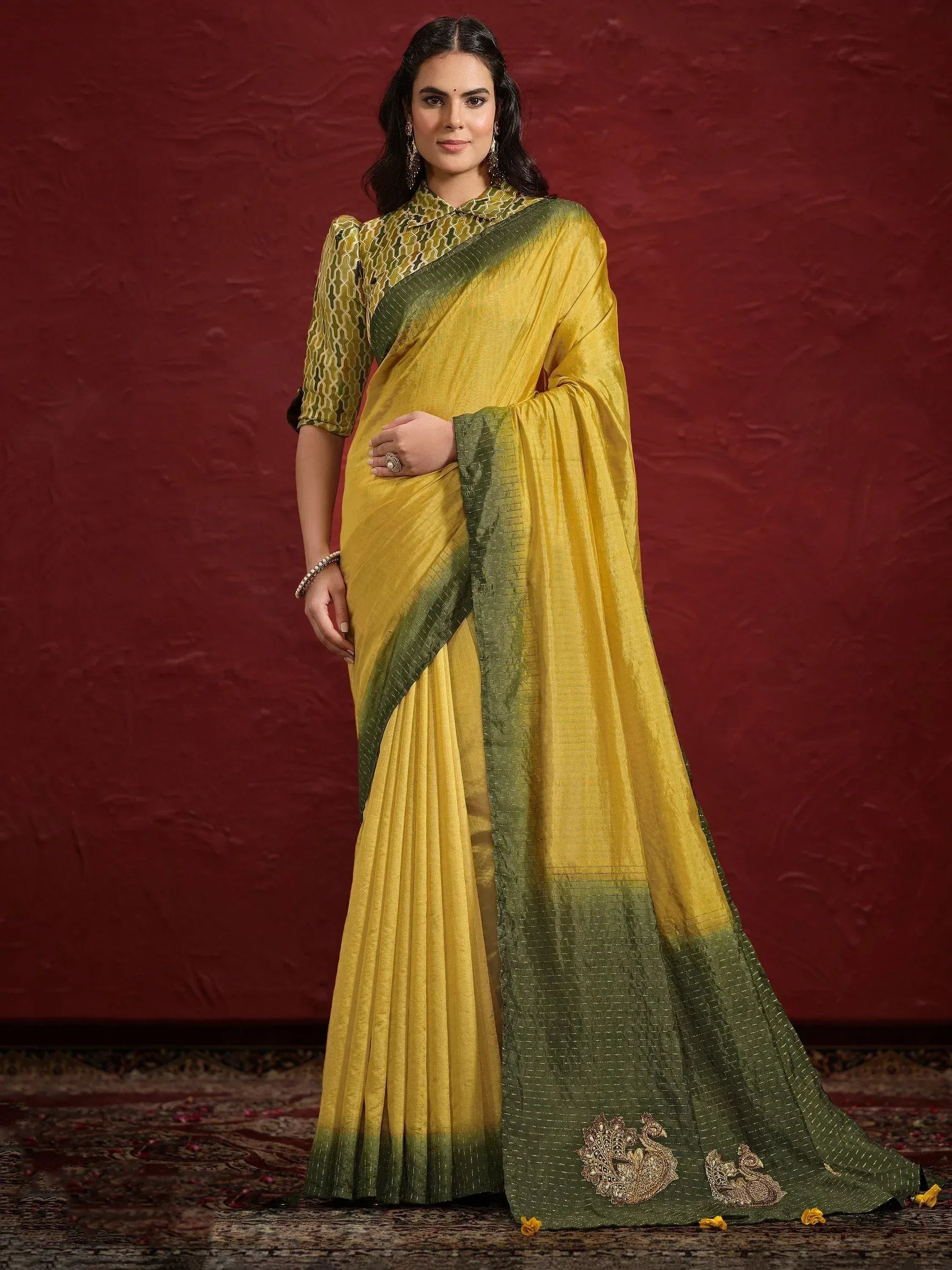Yellow and green ethnic saree with peacock embroidery, perfect for Indian occasions and festivals.