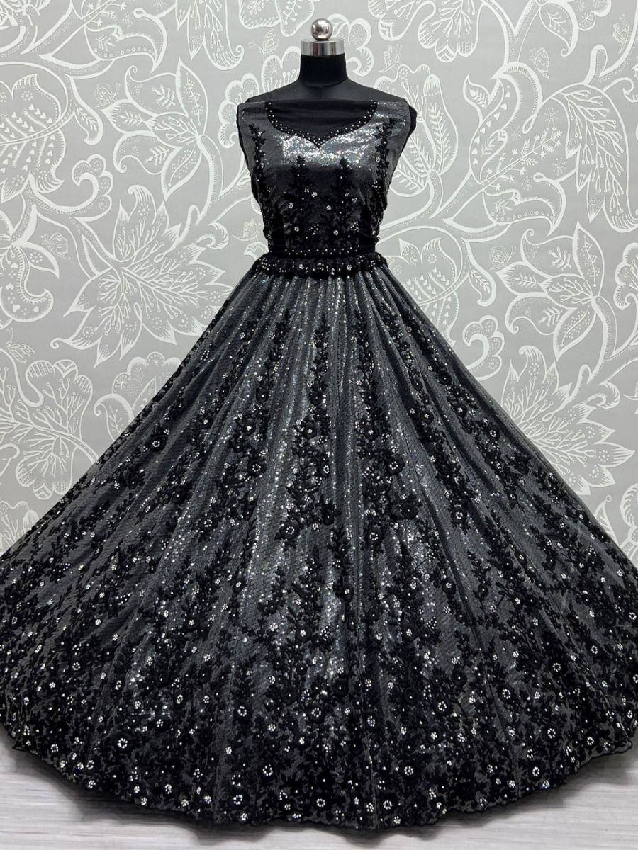 Black sequined ethnic gown with floral embroidery, perfect for weddings and parties