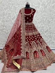 Fantastic Maroon Zari Work Velvet Bridal Lehenga Choli