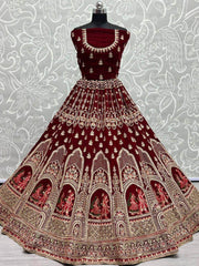 Fantastic Maroon Zari Work Velvet Bridal Lehenga Choli