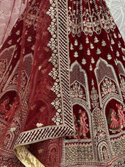 Fantastic Maroon Zari Work Velvet Bridal Lehenga Choli