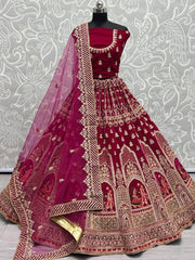Breathtaking Hot Pink Zari Work Velvet Bridal Lehenga Choli